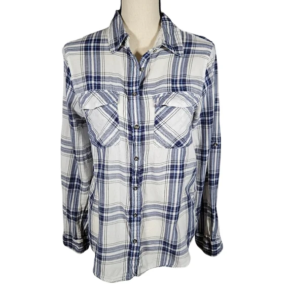Girl Crazy Juniors Classic Long Sleeve Button Down, Blue/White Plaid, Medium - Picture 1 of 12